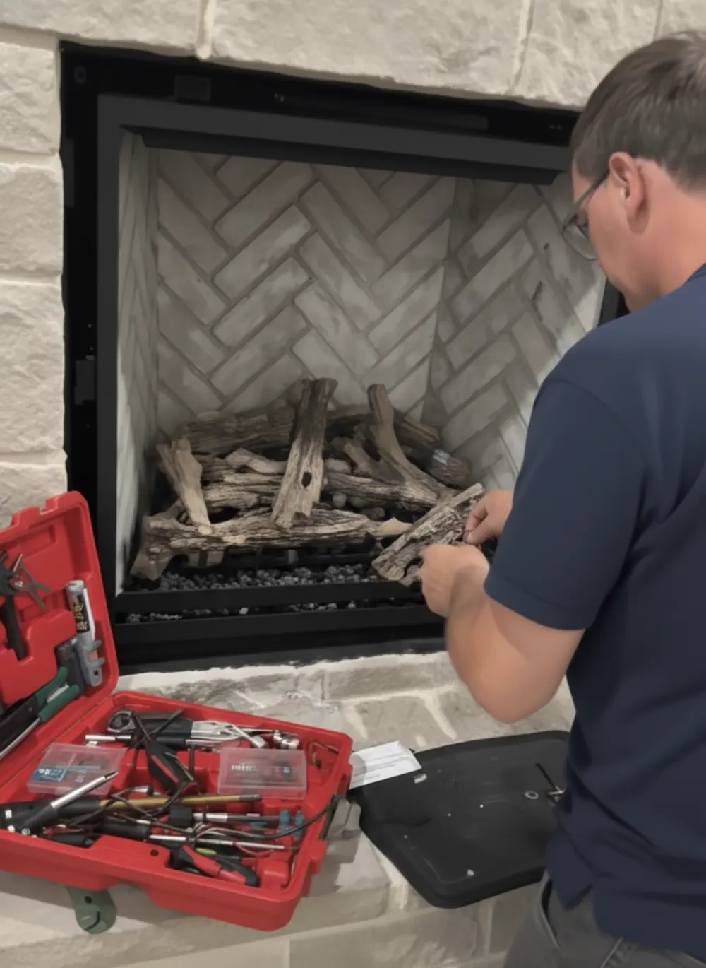 Hamilton Home Comfort team member working on a fireplace