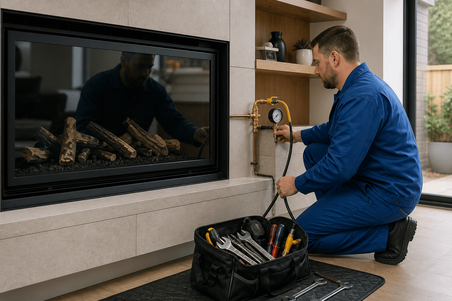 Gas fitter pressure-testing a modern gas fireplace connection