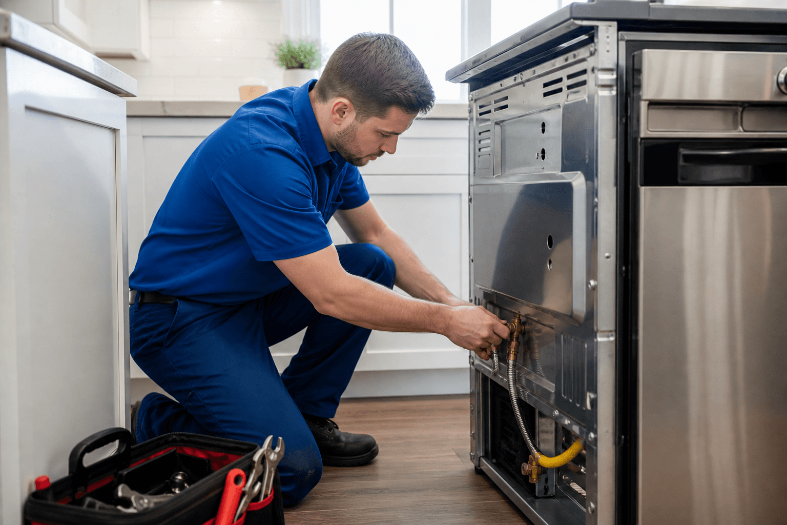 Certified technician connecting a natural gas range in a Hamilton kitchen
