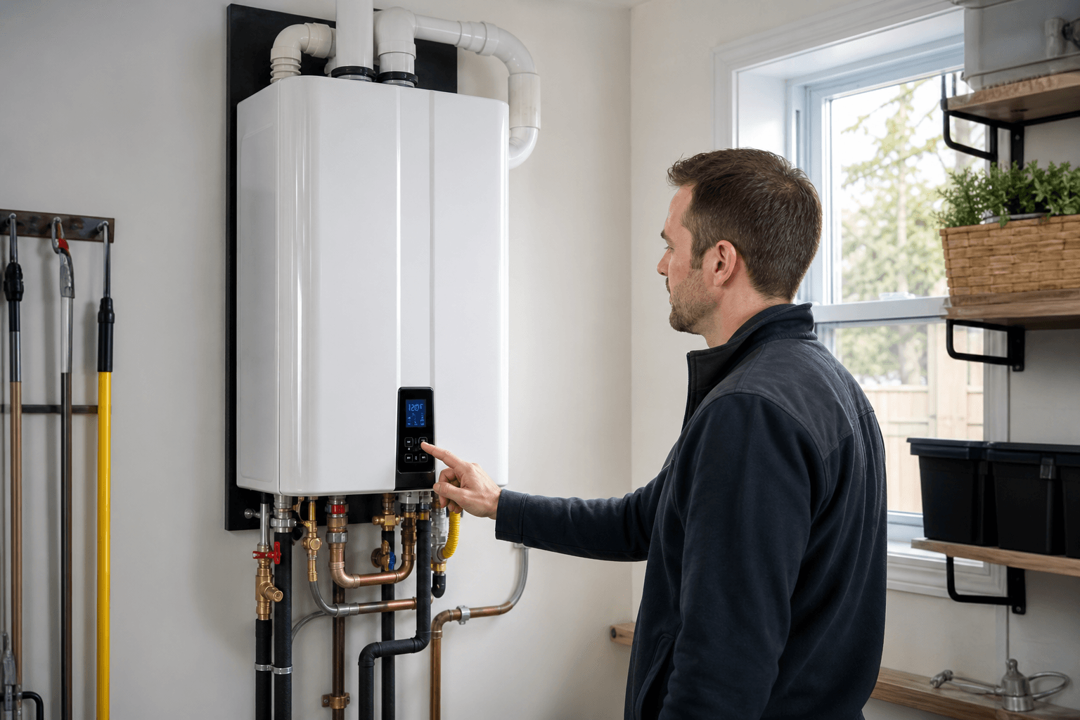 Hamilton technician checking a high-efficiency tankless water heater