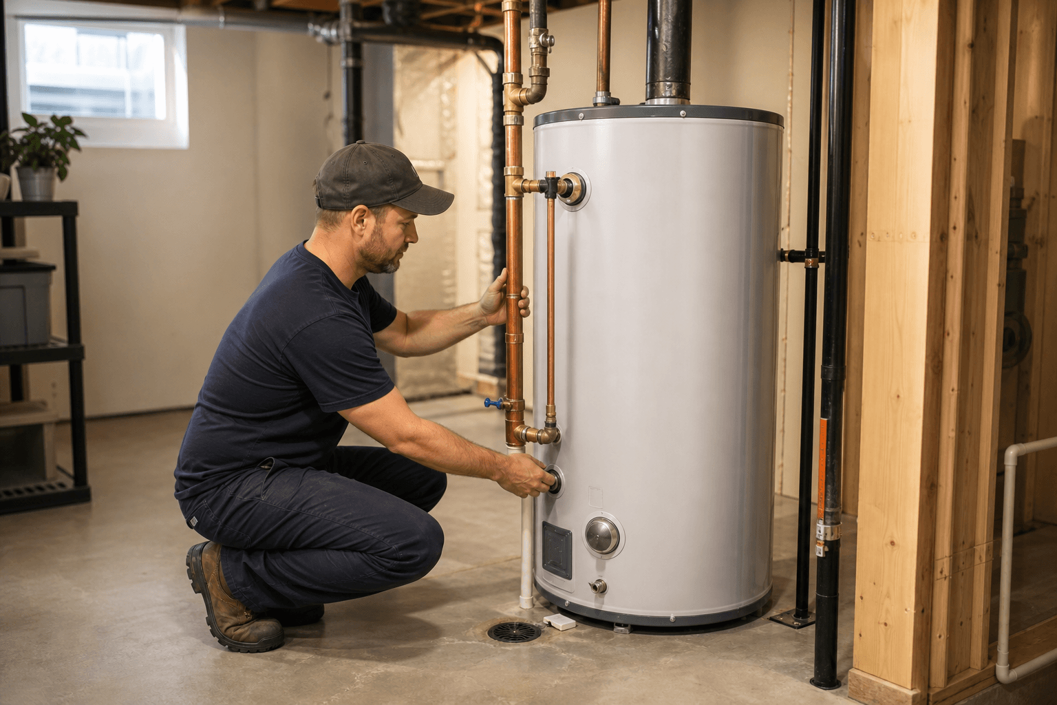 Hamilton technician installing a hot water tank in a residential basement