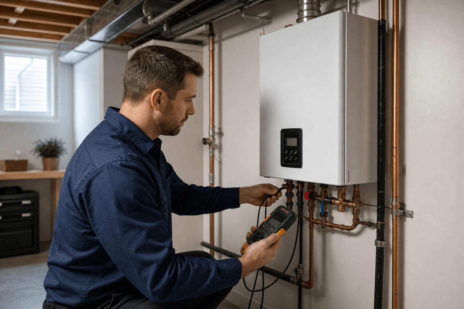 Hamilton technician servicing a wall-mounted tankless water heater
