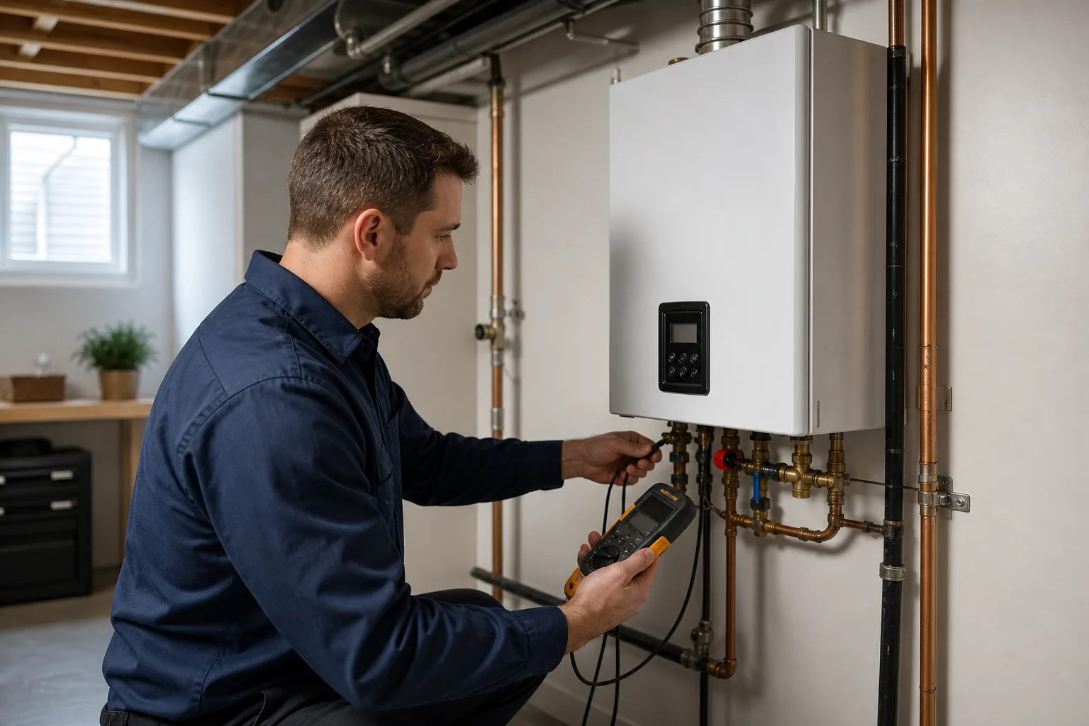 Hamilton technician servicing a wall-mounted tankless water heater