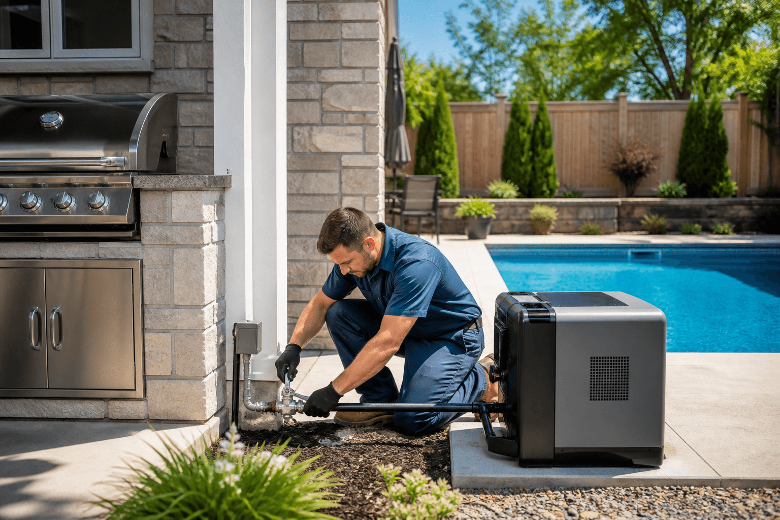Gas fitter installing an outdoor BBQ and pool heater gas line